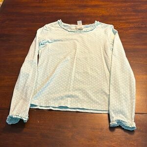 Matilda Jean, white polkadot blue ruffle shirt. Size 10.